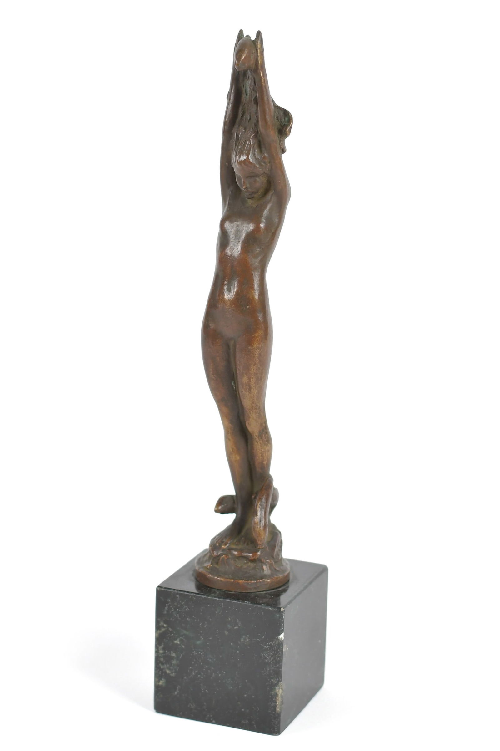 CHESTER BEACH BRONZE, THE GLINT OF THE SEA.: A small Chester Beach (NY. 1881-1956) bronze, ‘The Glint of The Sea’, depicting a nude holding a fish, signed on base, ‘Beach’, mounted on stone base. 9.75”H overall.