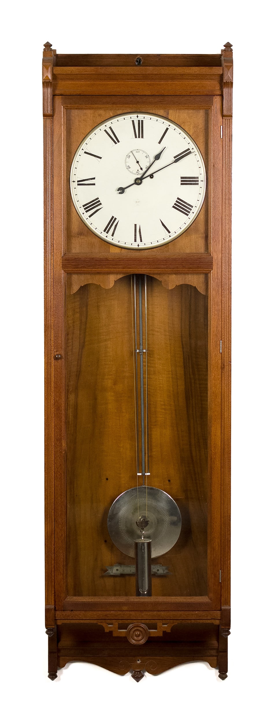 LARGE SETH THOMAS WALNUT REGULATOR WALL CLOCK.: A good late 19th C. Seth Thomas wall regulator clock with a walnut case, silvered weight and pendulum. 67”H x 19”W x 9”D.