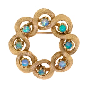 MID-CENTURY 14K GOLD OPAL INFINITY WREATH PIN.