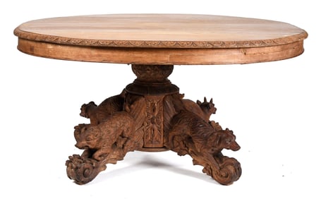 19TH C. HUNTING THEMED OAK TABLE.