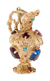 VINTAGE 14K GOLD MULTI-GEMSTONE PITCHER CHARM.
