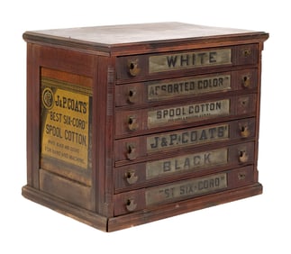 ANTIQUE SIX DRAWER J & P COATS SPOOL CABINET.