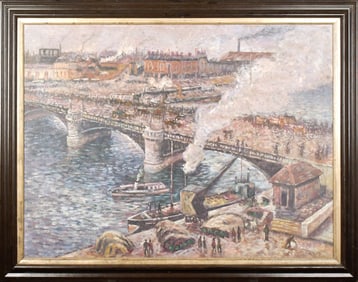 20TH C. OIL, COPY OF PISSARROS PONT BOIELDIEU.