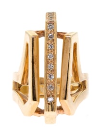 VINTAGE GEOMETRIC 14K GOLD DIAMOND RING.