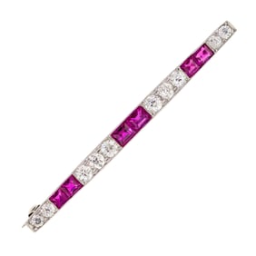 ANTIQUE PLATINUM RUBY & DIAMOND BAR PIN.