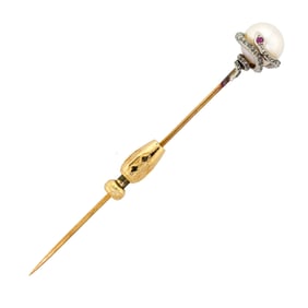19TH C. 18K GOLD PEARL W/ DIAMOND SERPENT STICK PIN.