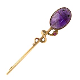 ANTIQUE AMETHYST SCARAB & SERPENT SCEPTER PIN.