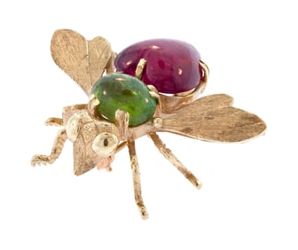 14K GOLD PINK HEART & GREEN TOURMALINE BEE PIN.