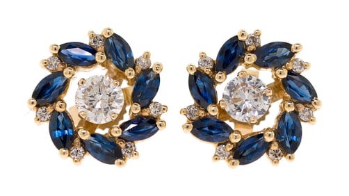 14K GOLD DIAMOND EAR STUDS W/ SAPPHIRE JACKETS.