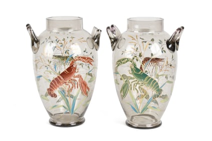 PR. ANTIQUE BOHEMIAN GLASS LOBSTER VASES.