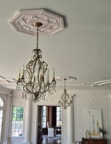 GREAT PAIR OF VINTAGE GLASS AND BRASS CHANDELIERS.