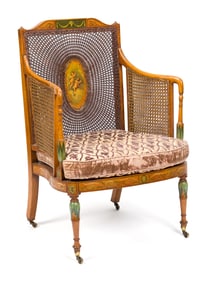 EDWARDIAN ADAMS STYLE CANED ARMCHAIR.