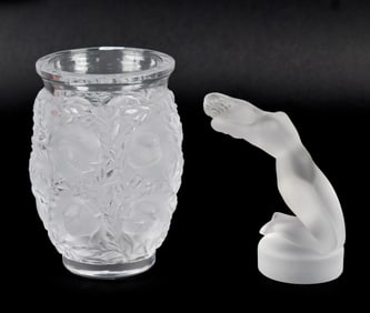 LALIQUE BAGATELLE VASE & CHRYSIS CAR MASCOT.