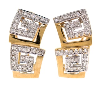 14K GOLD GREEK KEY DIAMOND POST EARRINGS.