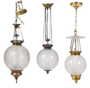 ANTIQUE HANGING FOYER LIGHTS W/ETCHED SHADES.