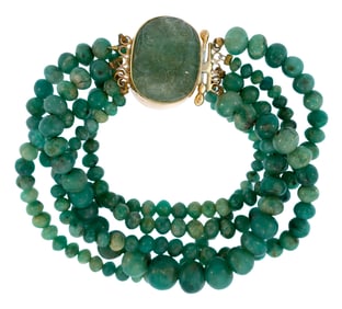 CARVED EMERALD & BEADED BRACELET W/14K GOLD CLASP.