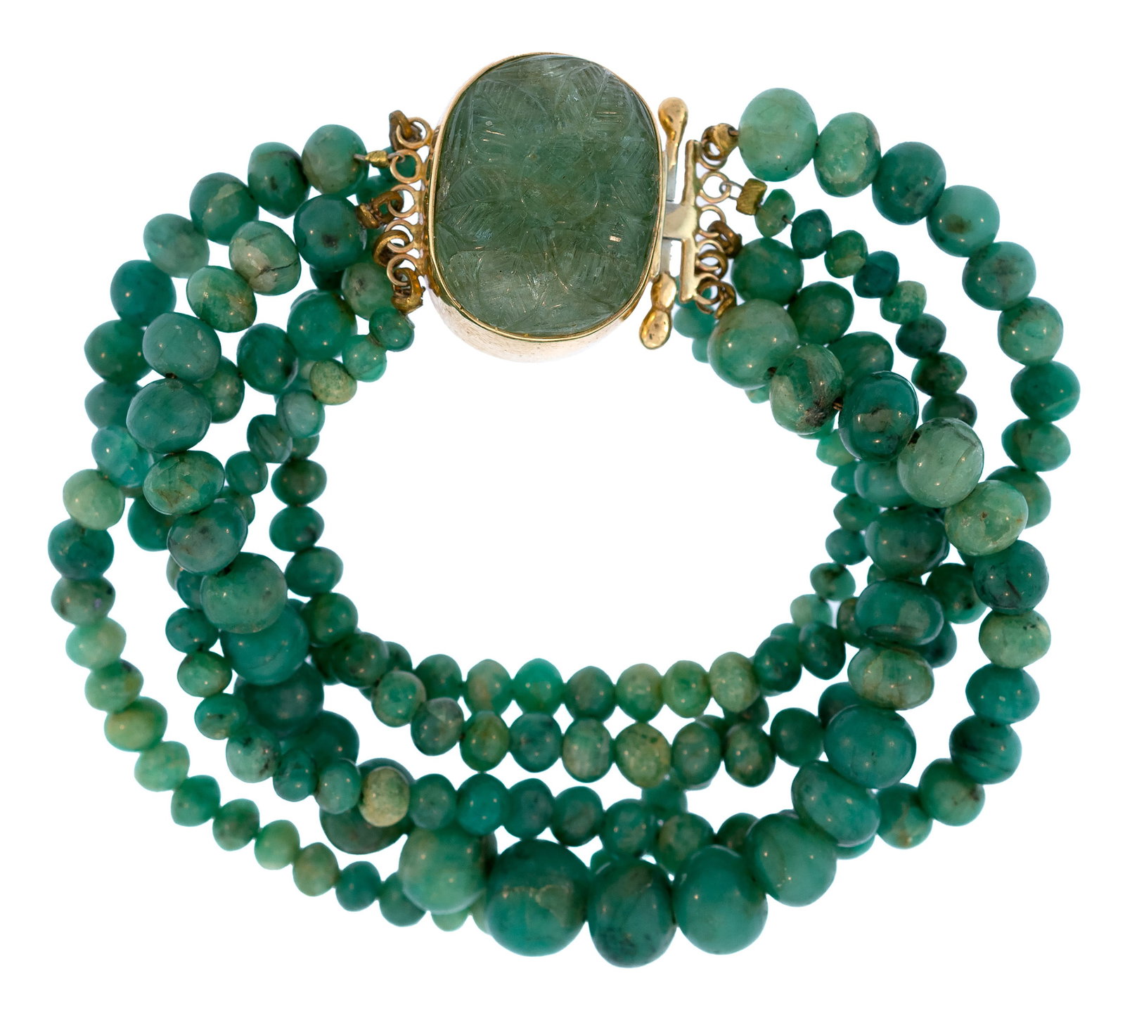 CARVED EMERALD & BEADED BRACELET W/14K GOLD CLASP. (1 of 12)