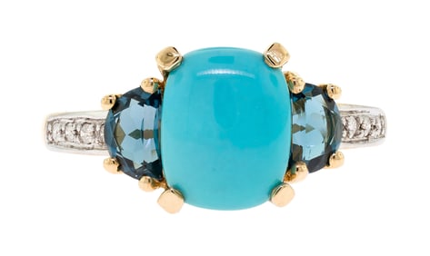 14K GOLD TURQUOISE, TOPAZ & DIAMOND RING.