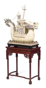 MONUMENTAL CARVED CHINESE BONE DRAGON BOAT.