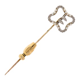 ANTIQUE FRENCH SEED PEARL & DIAMOND BUCKLE STICK PIN.