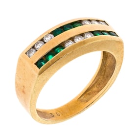 18K GOLD CHANNEL SET EMERALD & DIAMOND BAND.