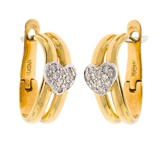 18K GOLD NATAN BAISER PAVE HEART DIAMOND HALF HOOPS.