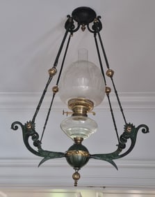 VINTAGE ART NOUVEAU HANGING LIGHT WITH ETCHED SHADE.