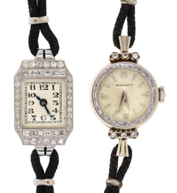 TWO ANTIQUE PLATINUM & 14K DIAMOND WRIST WATCHES.