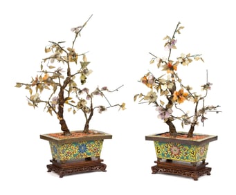 PR. VINTAGE HARD-STONE TREES IN CLOISONNÉ PLANTERS.