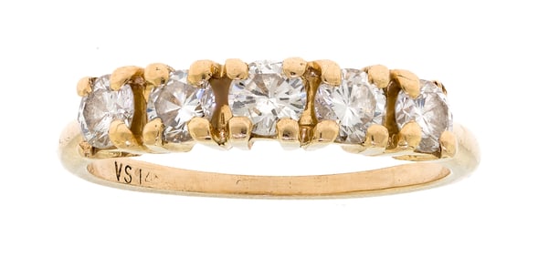 14K YELLOW GOLD FIVE-STONE DIAMOND RING.