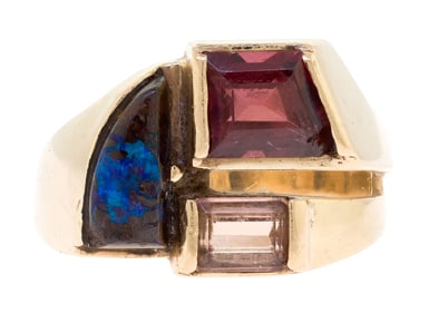 14K GOLD RED SPINEL, PINK TOPAZ & BOULDER OPAL RING.