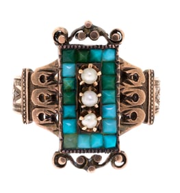 VICTORIAN 14K ROSE GOLD TURQUOISE & PEARL RING.