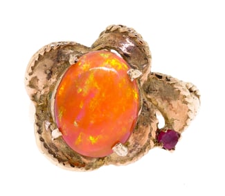VINTAGE 14K GOLD MEXICAN FIRE OPAL & RUBY RING.