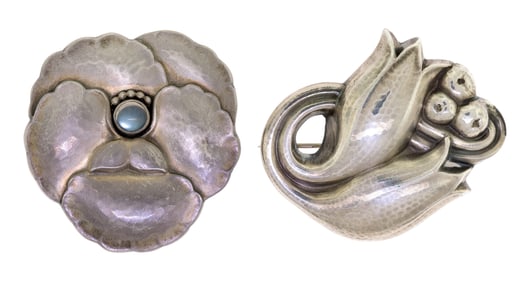 TWO VINTAGE STERLING SILVER GEORG JENSEN PINS.