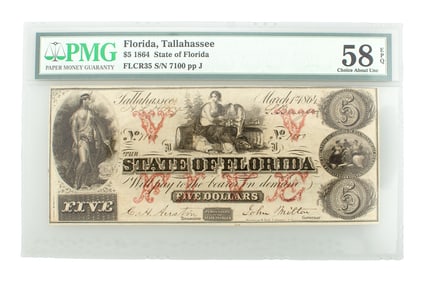 1864 $5 TALLAHASSEE FLORIDA, 58, PMG NOTE.