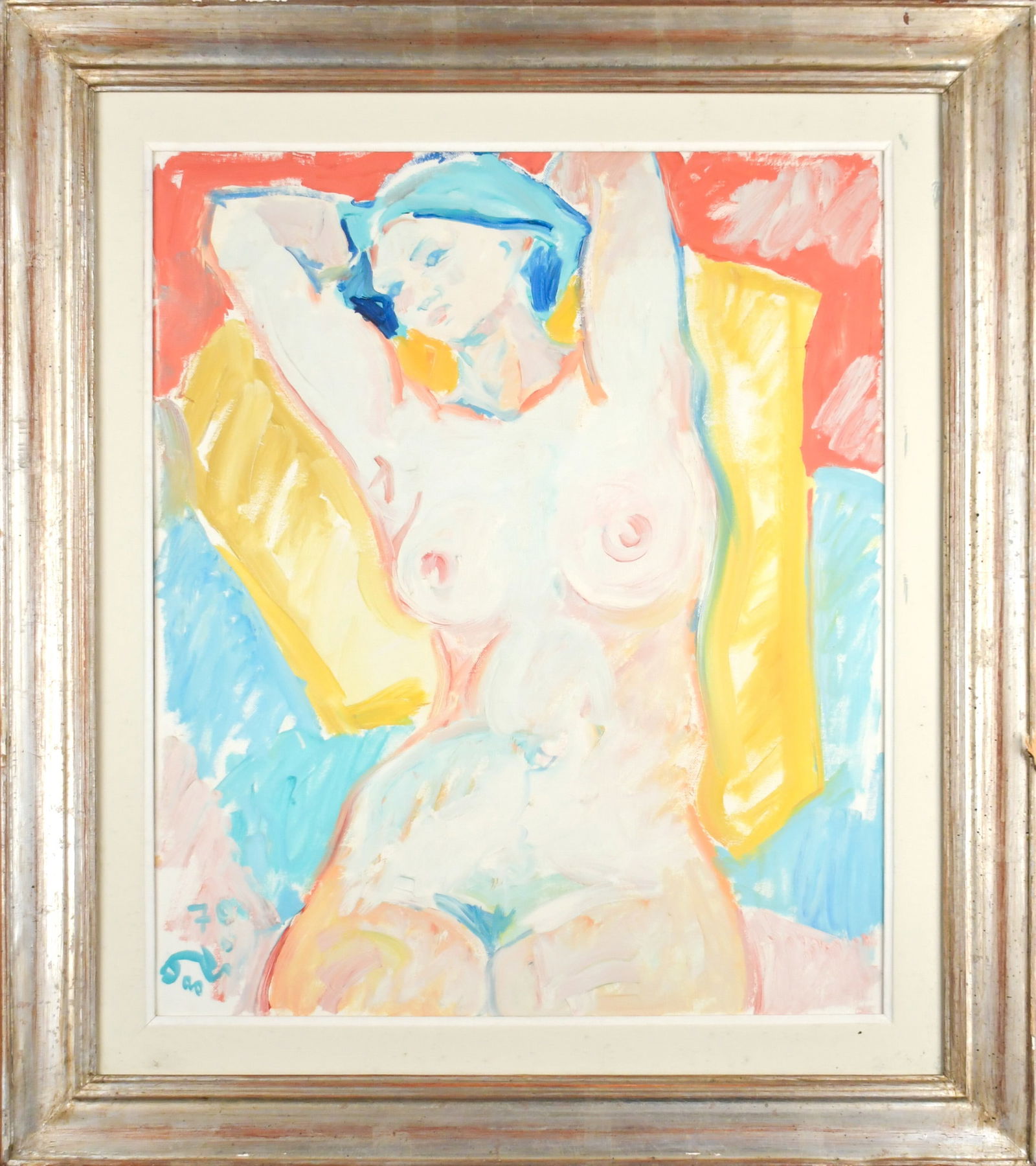 1970 ITALIAN OIL ON CANVAS, NUDE.: A 1970 oil on canvas, colorful reclining nude, illegibly signed lower left, inscribed in reverse Firenze 1970.Frame 31.5” x 27.5”.