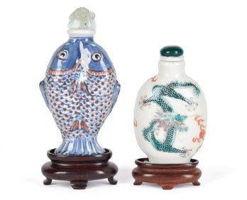 TWO ANTIQUE CHINESE PORCELAIN SNUFF BOTTLES.
