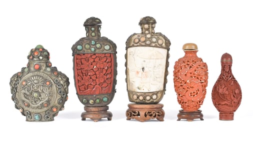 FIVE ANTIQUE CHINESE METAL AND CINNABAR SNUFF BOTTLES