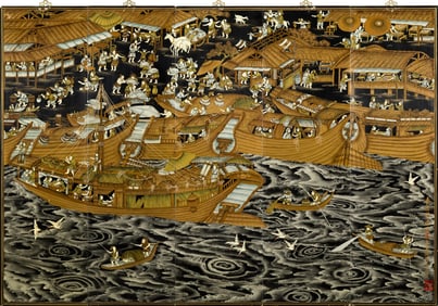 FIVE CHINESE LACQUERED WALL PANELS.