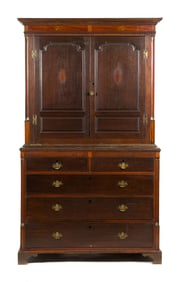 19TH C. INLAID OAK TWO PART HUTCH CUPBOARD.