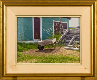 BRIAN LASAGA, ACRYLIC ON BOARD, WHEELBARROW.