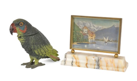ANTIQUE SWISS DESK CLOCK AND PARROT INK WELL.