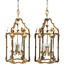 GOOD PR. VINTAGE BRASS & GLASS HANGING FOYER LIGHTS.