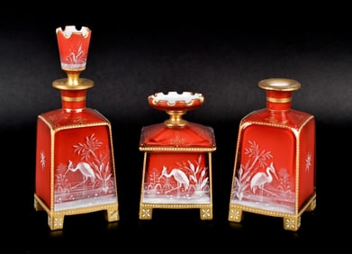19TH C. AESTHETIC BOHEMIAN ART GLASS, 3PCS.