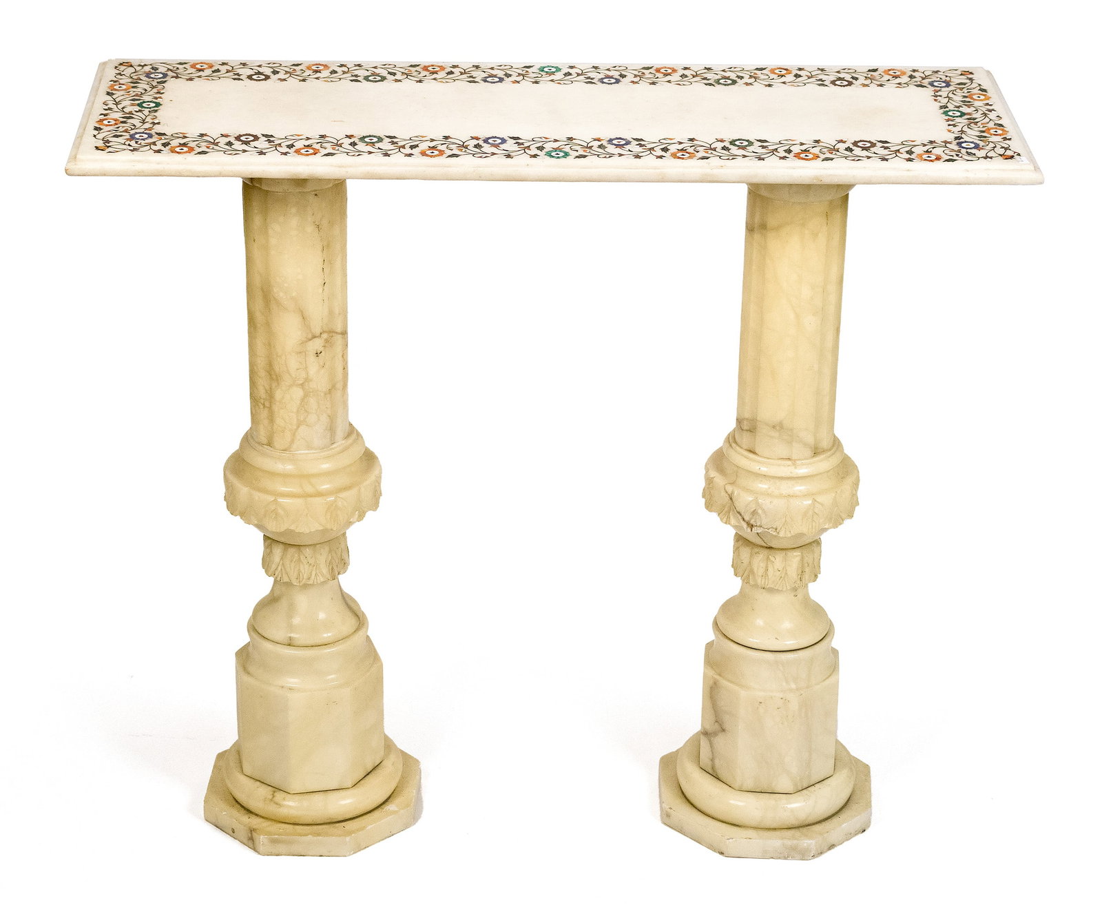 VINTAGE INDIAN INLAID STONE CONSOLE TABLE.: A vintage stone console table, rectangular white marble top inlaid with colored stones in floral motifs, on two stone columnar supports. 36.5”H x 42”l x 14”D.