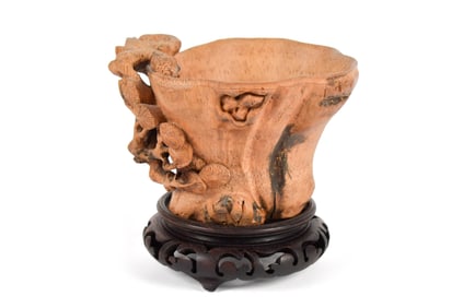 CHINESE CARVED WOOD LIBATION CUP.