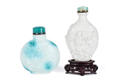 TWO ANTIQUE CHINESE PORCELAIN SCENIC SNUFF BOTTLES.