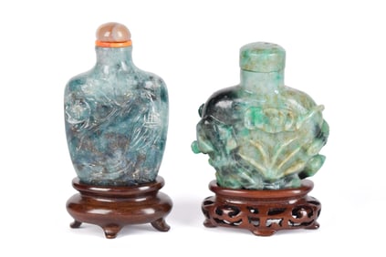 TWO ANTIQUE CHINESE CARVED JADEITE SNUFF BOTTLES.