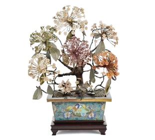 CHINESE STONE AND CLOISONNÉ BONSAI PLANTER.