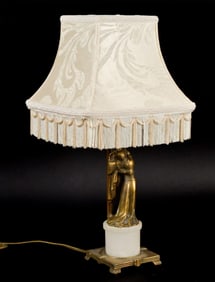 BRONZE AND IVORY FIGURAL LAMP.